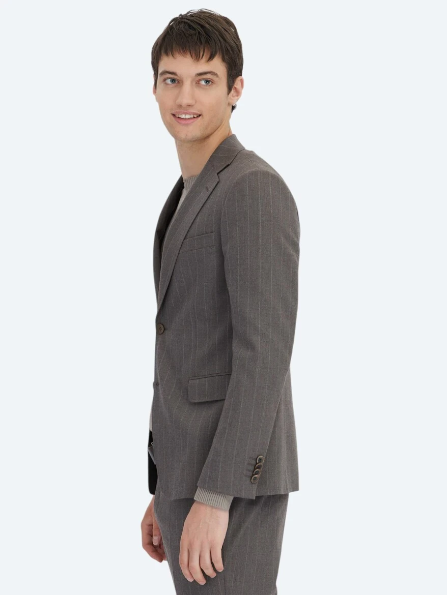 Kahverengi Çizgili Modern Fit Yün Karışımlı Takım Elbise - 3