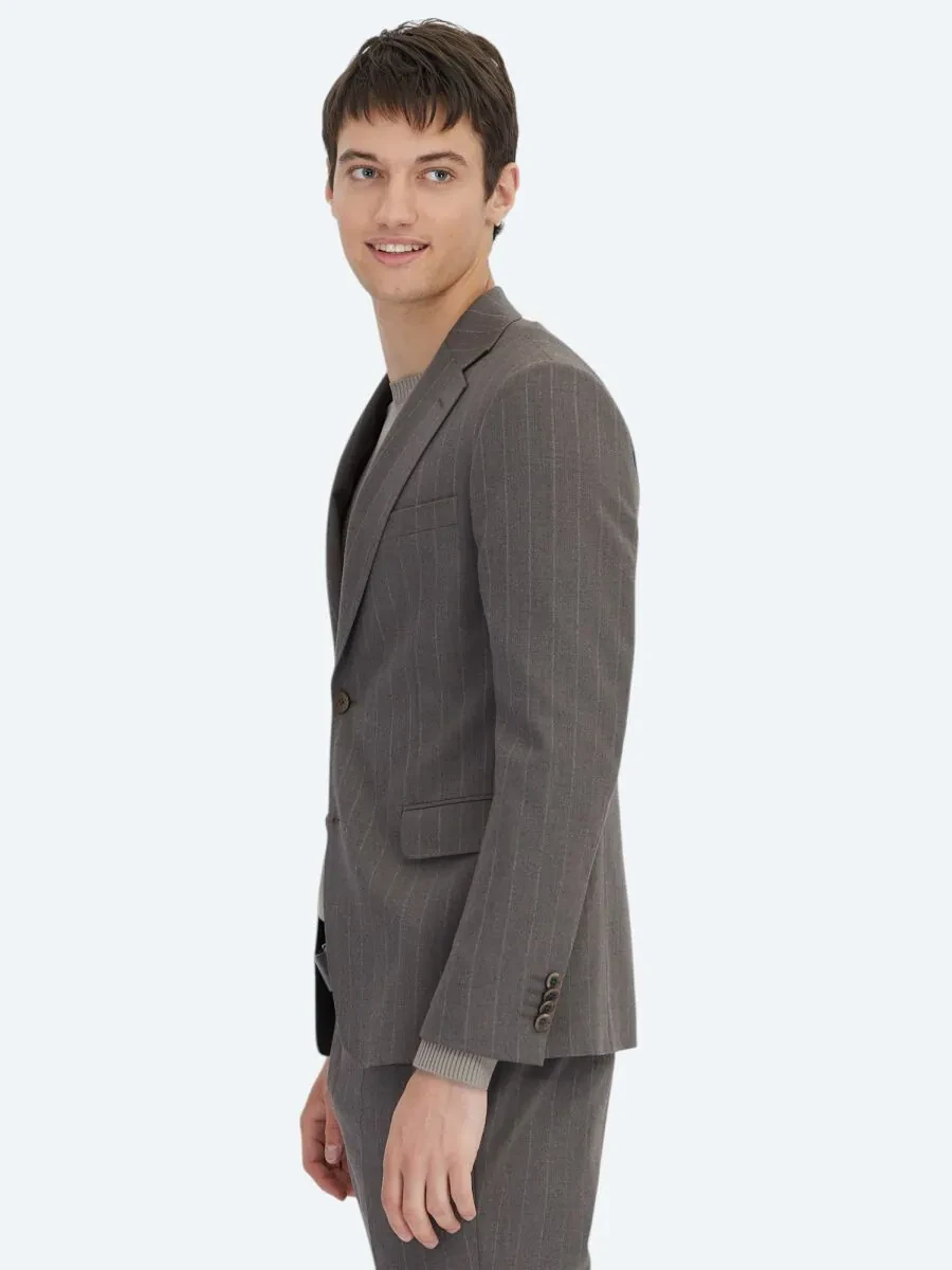 Kahverengi Çizgili Modern Fit Yün Karışımlı Takım Elbise - 3