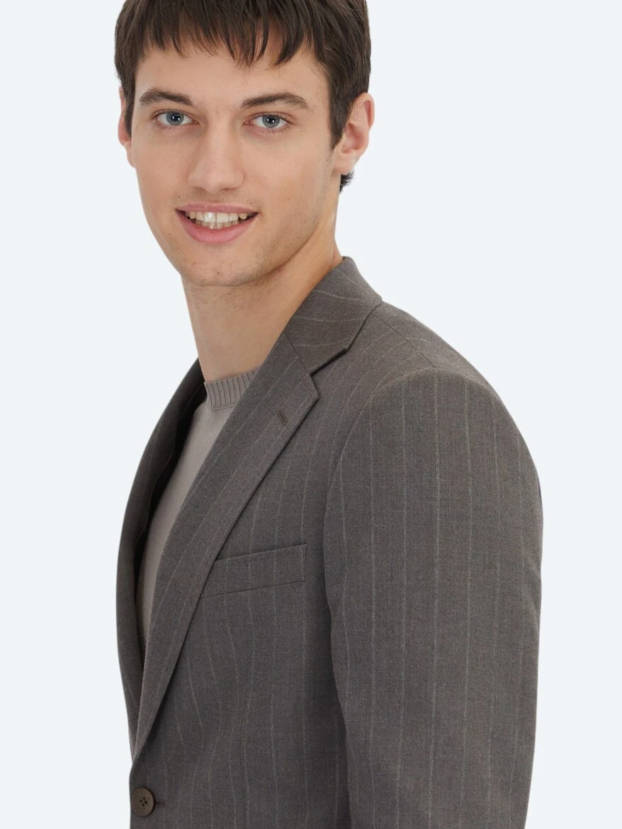Kahverengi Çizgili Modern Fit Yün Karışımlı Takım Elbise - 4