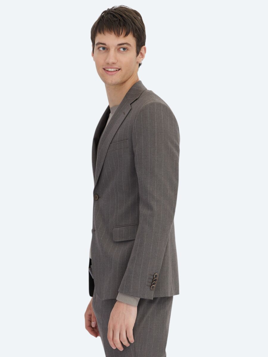 Kahverengi Çizgili Modern Fit Yün Karışımlı Takım Elbise - 3