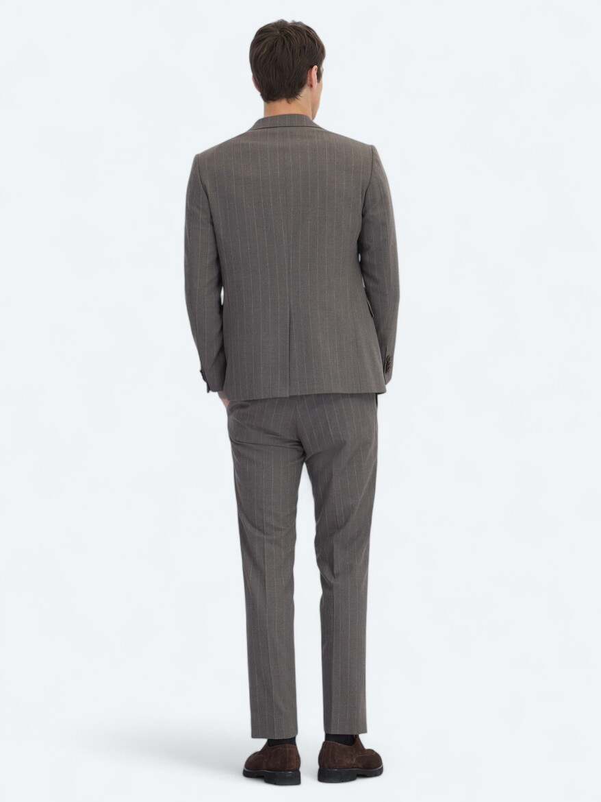 Kahverengi Çizgili Modern Fit Yün Karışımlı Takım Elbise - 5