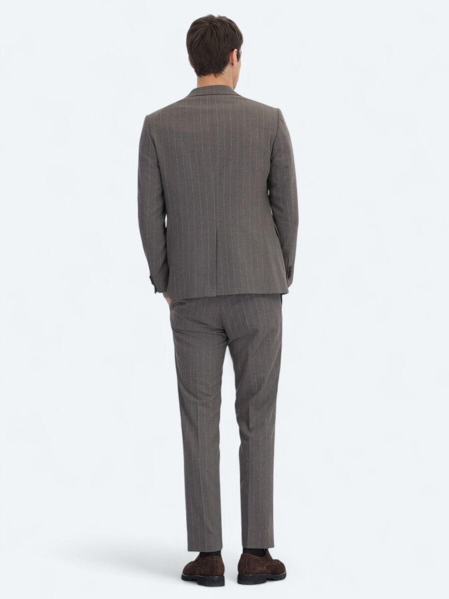Kahverengi Çizgili Modern Fit Yün Karışımlı Takım Elbise - 5