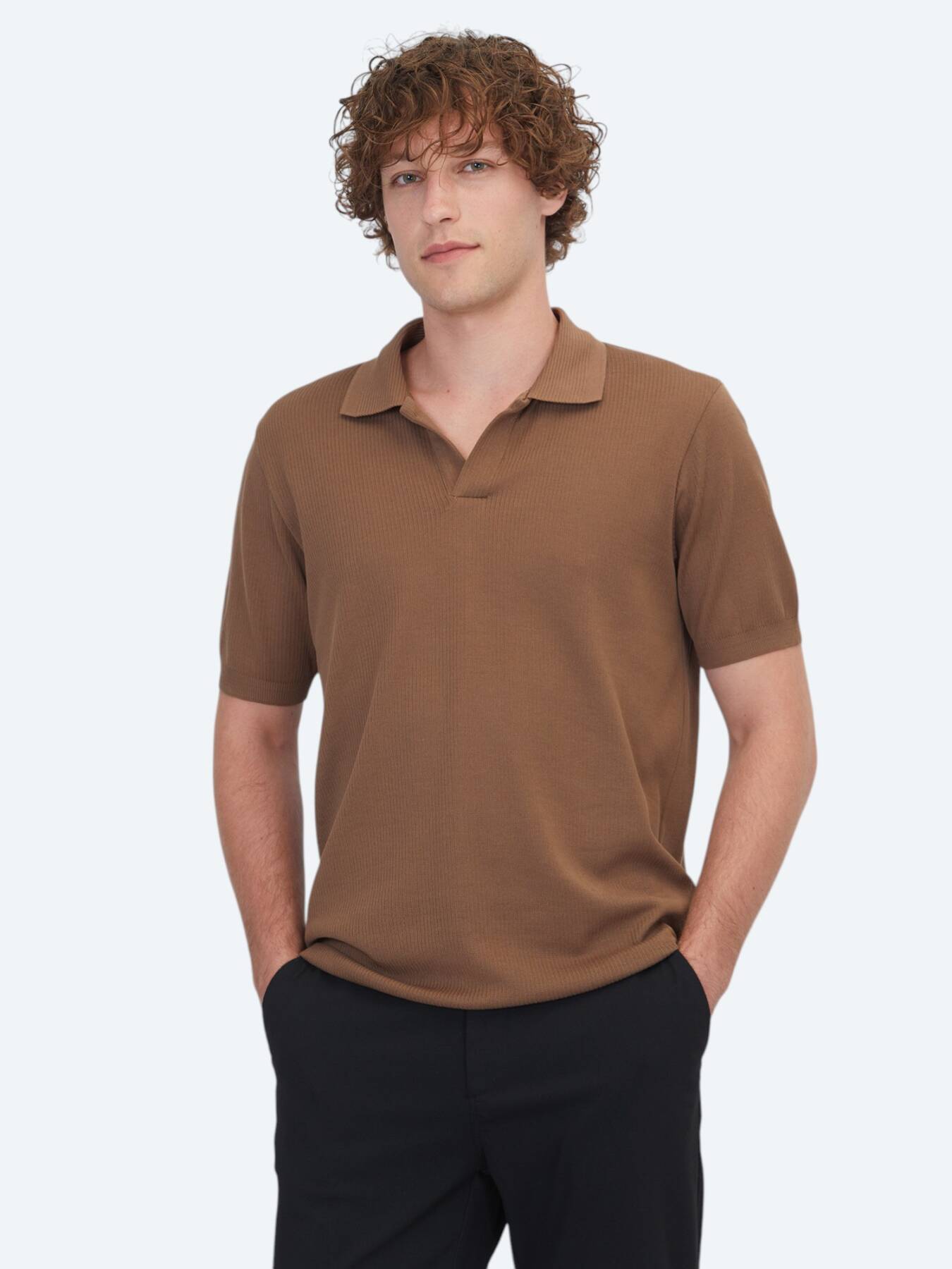 Kahverengi Çizgili Polo Yaka %100 Pamuk T-Shirt