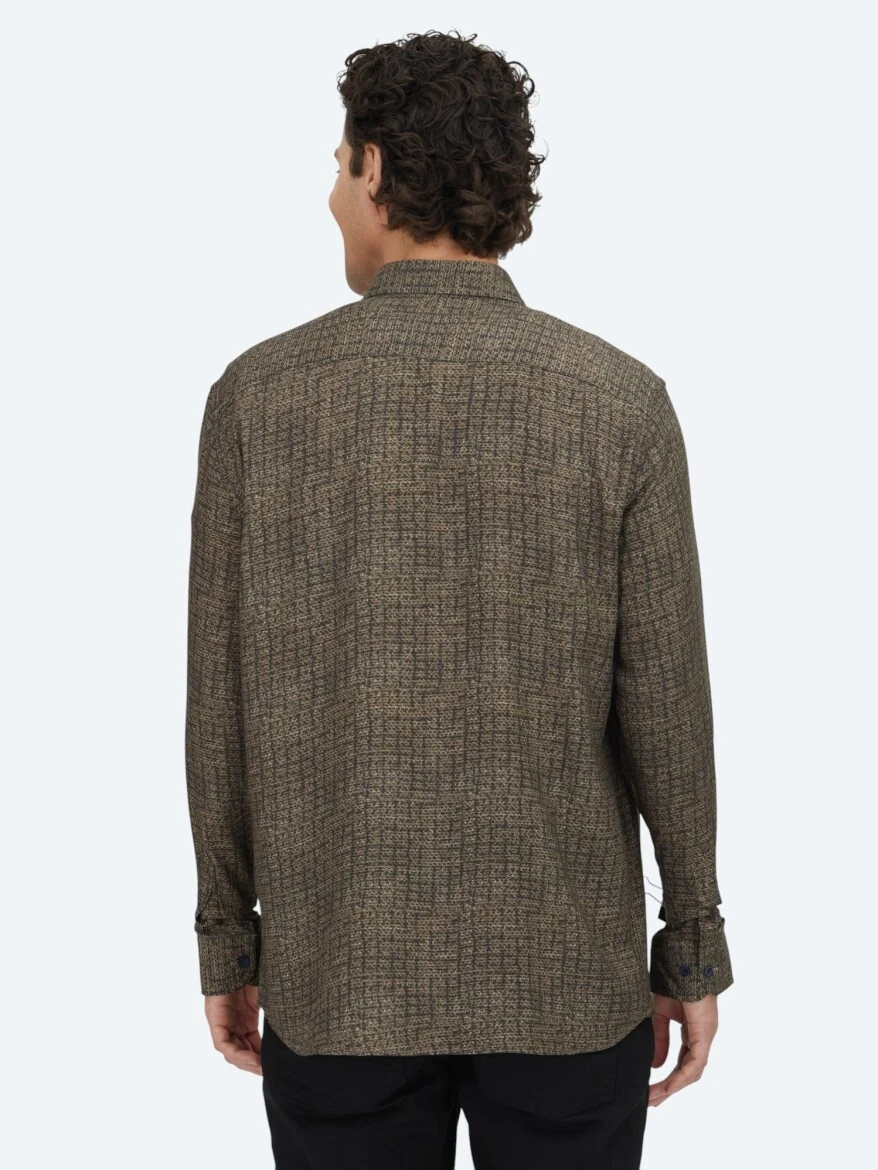 Kahverengi Çizgili Regular Fit Dokuma Casual %100 Pamuk Gömlek - 5