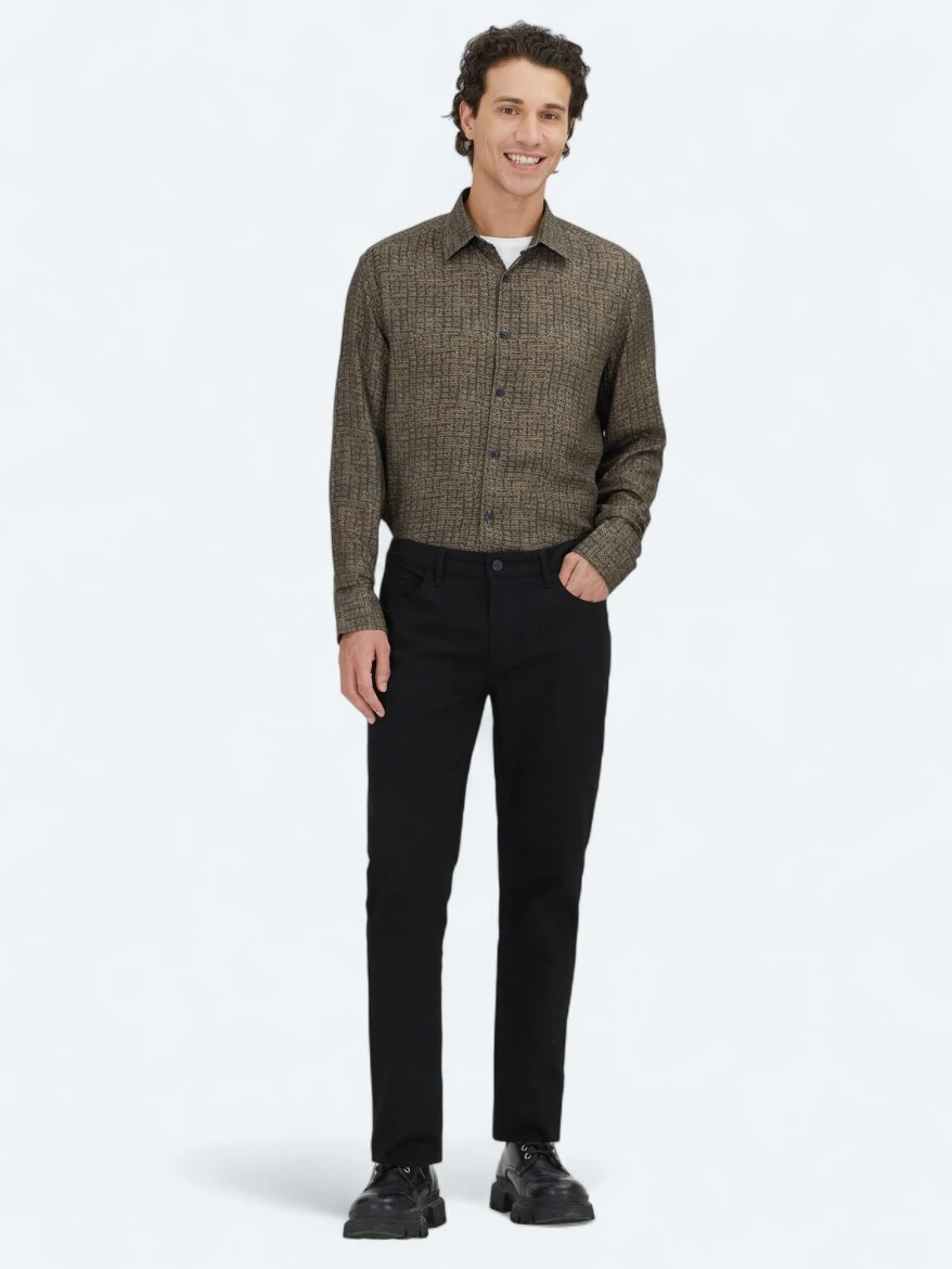 Kahverengi Çizgili Regular Fit Dokuma Casual %100 Pamuk Gömlek - KİP