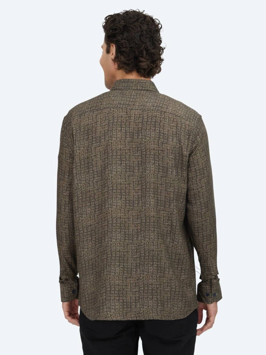 Kahverengi Çizgili Regular Fit Dokuma Casual %100 Pamuk Gömlek - 5