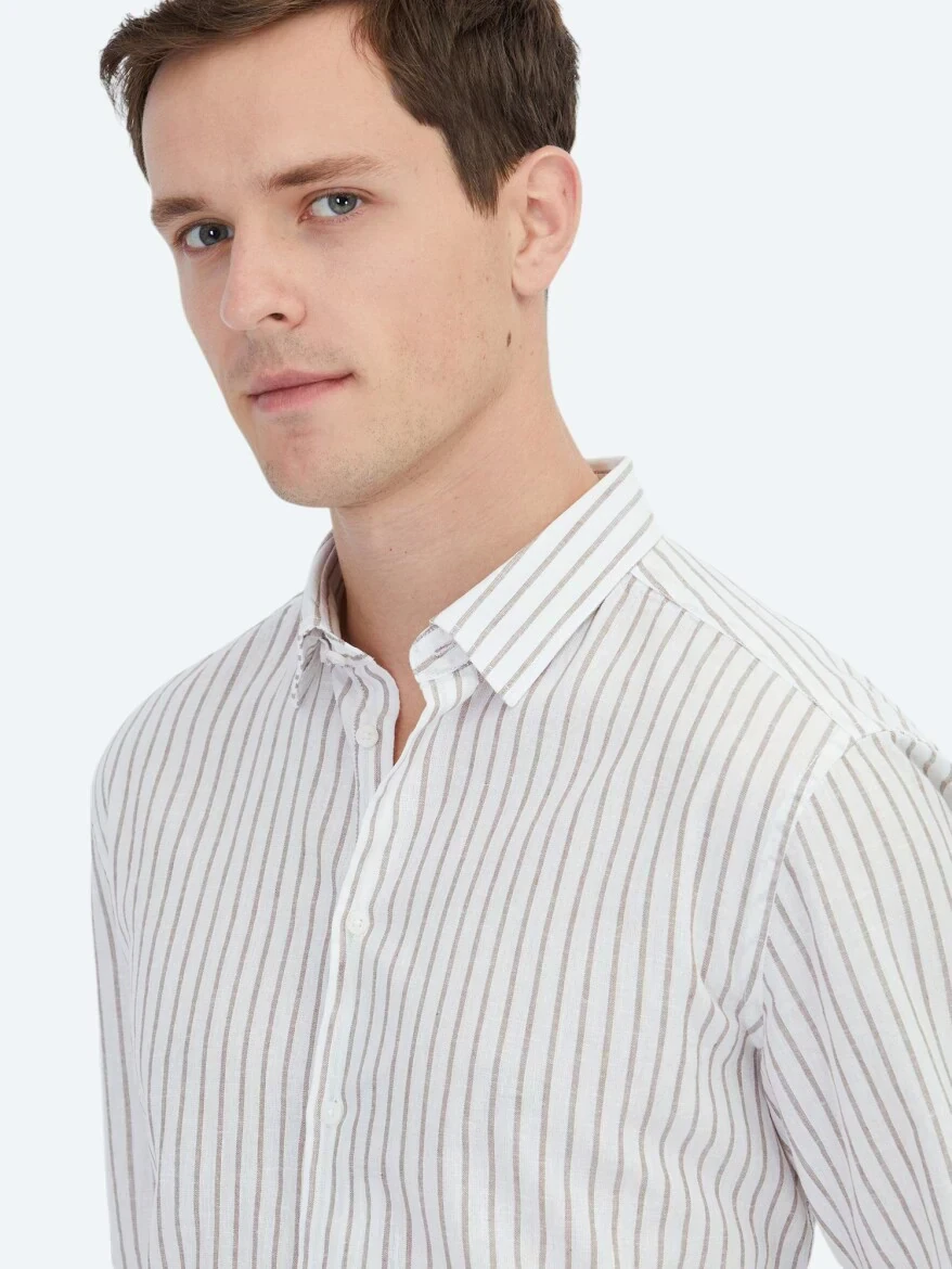 Kahverengi Çizgili Regular Fit Dokuma Casual Pamuk Karışımlı Gömlek - 3