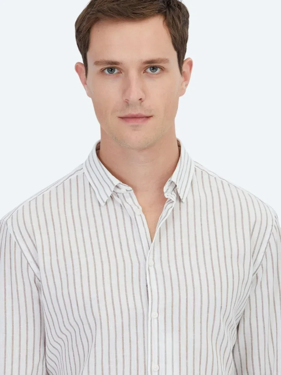 Kahverengi Çizgili Regular Fit Dokuma Casual Pamuk Karışımlı Gömlek - 4