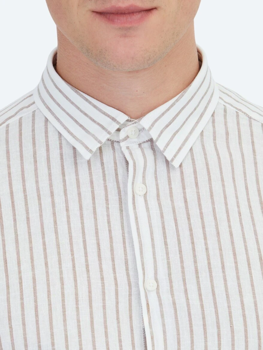 Kahverengi Çizgili Regular Fit Dokuma Casual Pamuk Karışımlı Gömlek - 5