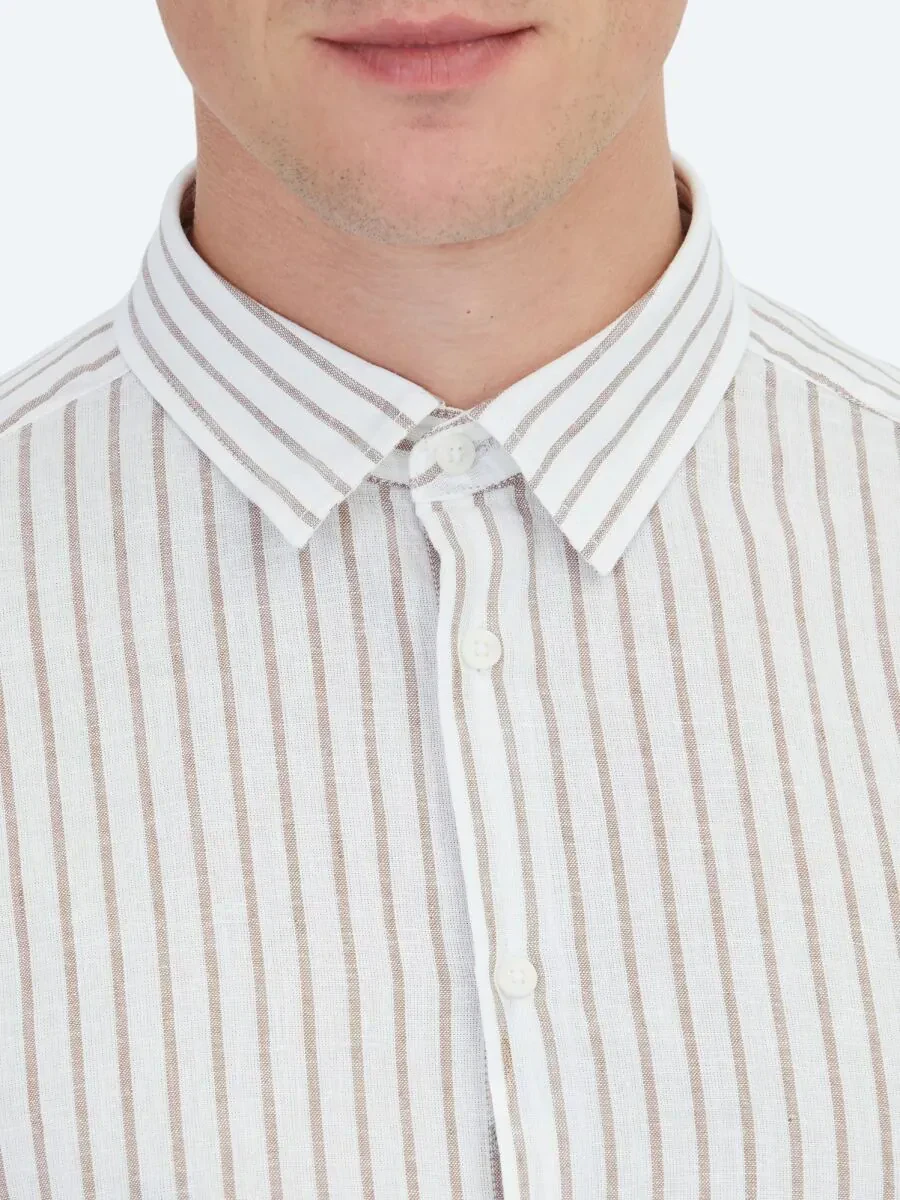 Kahverengi Çizgili Regular Fit Dokuma Casual Pamuk Karışımlı Gömlek - 5