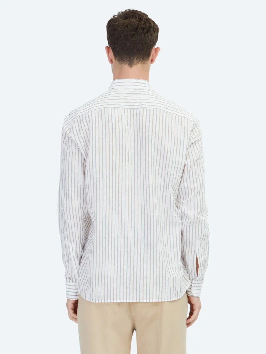 Kahverengi Çizgili Regular Fit Dokuma Casual Pamuk Karışımlı Gömlek - 6