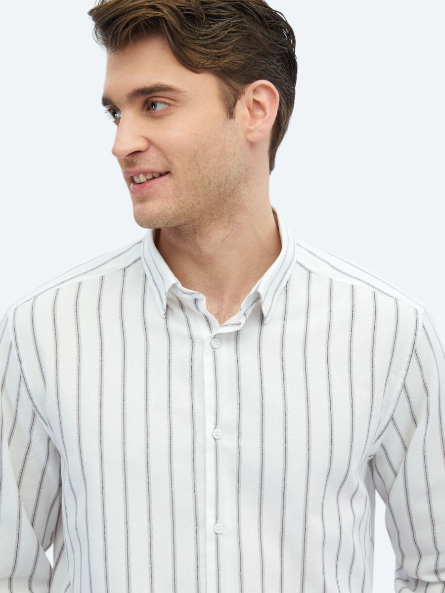 Kahverengi Çizgili Regular Fit Uzun Dokuma Casual %100 Pamuk Gömlek - 4