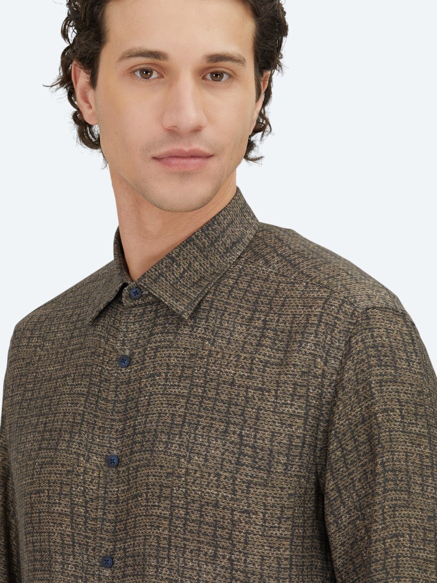Kahverengi Çizgili Regular Fit Uzun Dokuma Casual %100 Pamuk Gömlek - 3