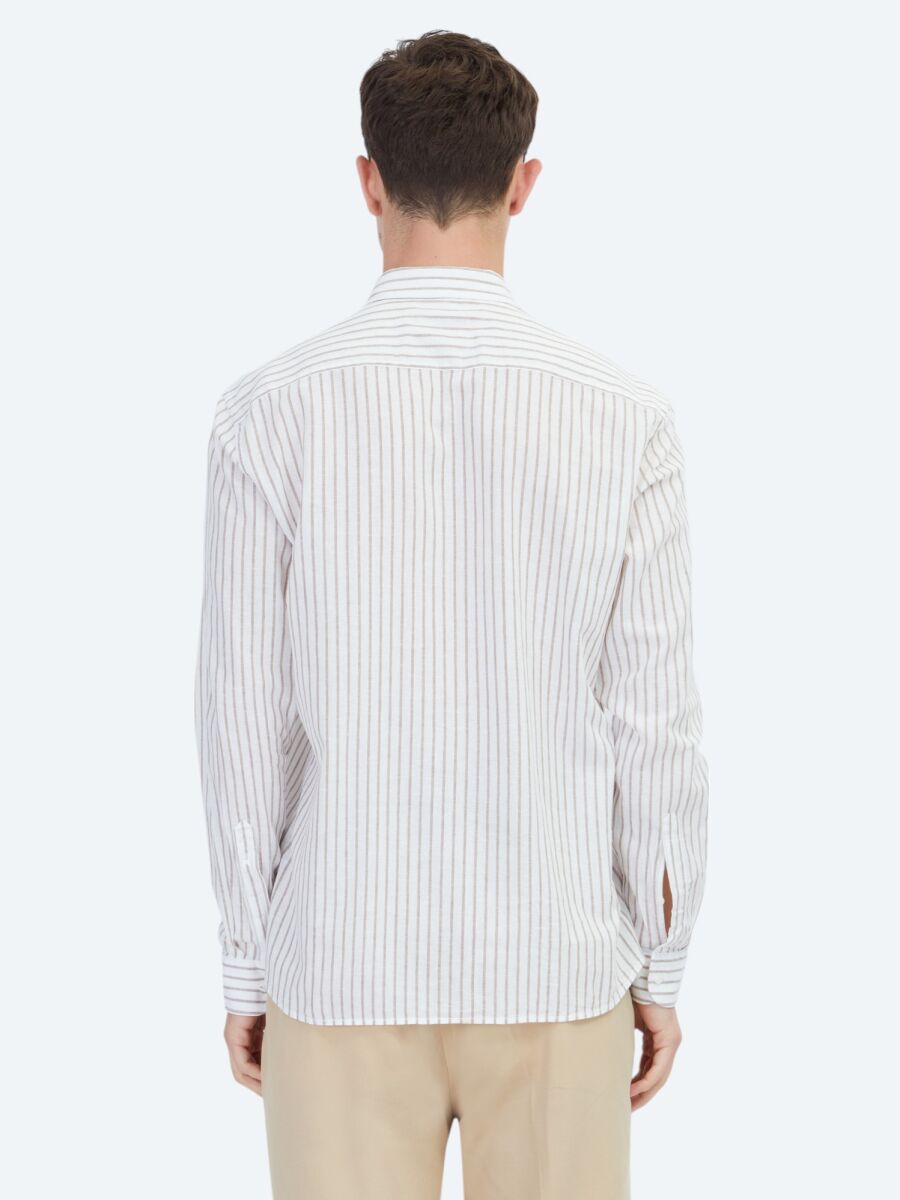 Kahverengi Çizgili Regular Fit Uzun Dokuma Casual Pamuk Karışımlı Gömlek - 6
