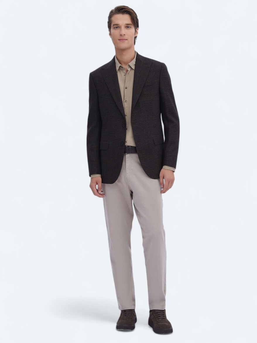 Kahverengi Desenli Comfort Fit %100 Yün Ceket - 2