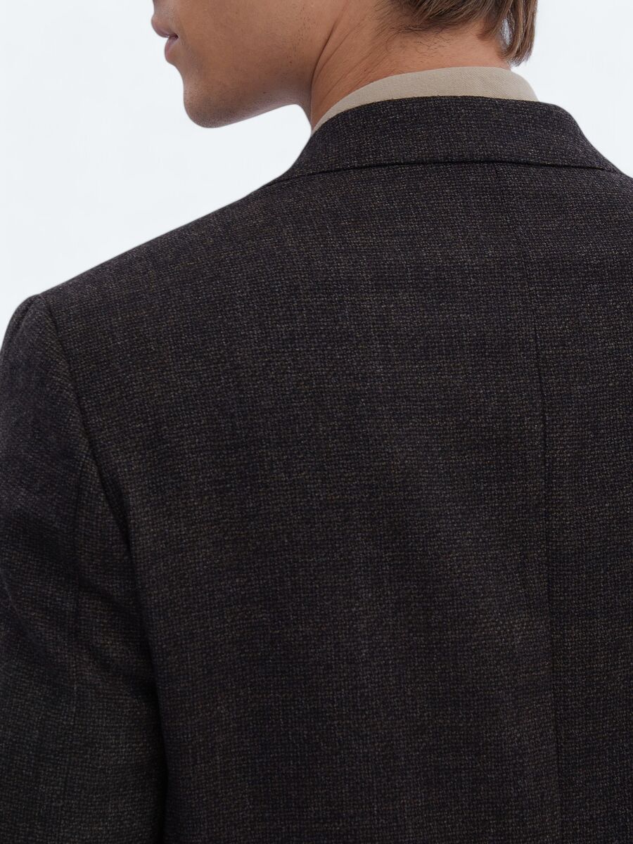 Kahverengi Desenli Comfort Fit %100 Yün Ceket - 5