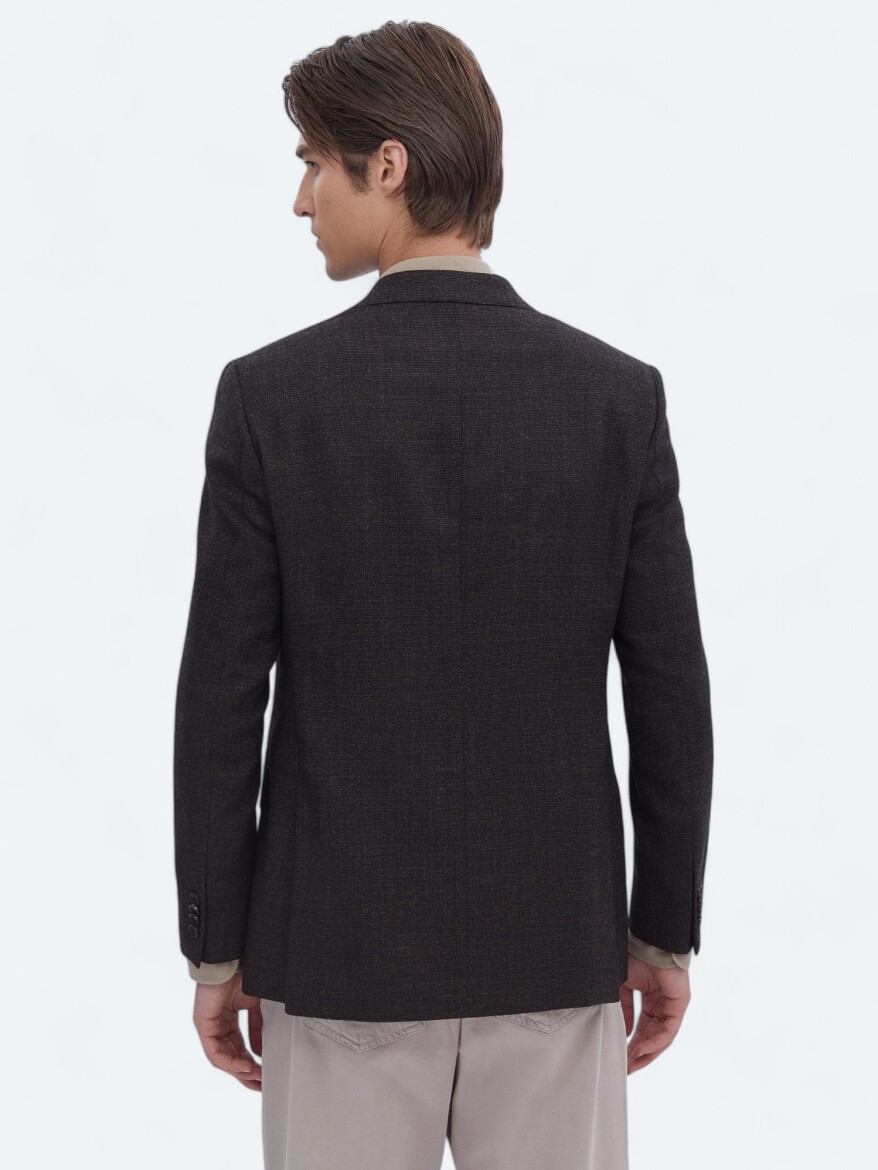 Kahverengi Desenli Comfort Fit %100 Yün Ceket - 6