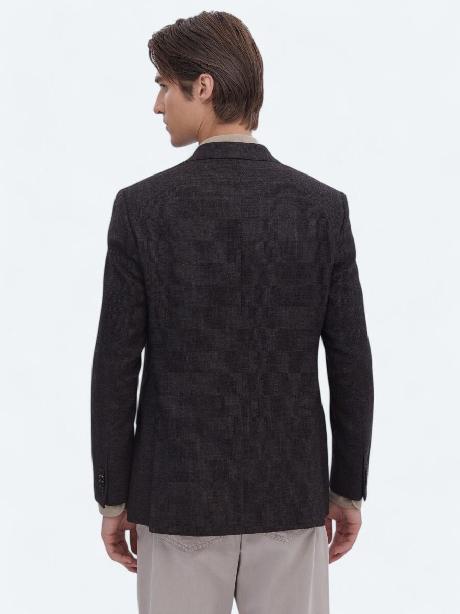 Kahverengi Desenli Comfort Fit %100 Yün Ceket - 6