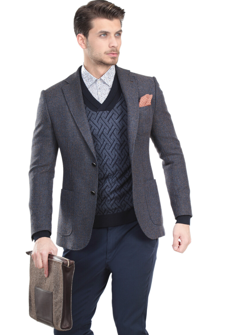 Kahverengi Desenli Modern Fit Ceket - 1