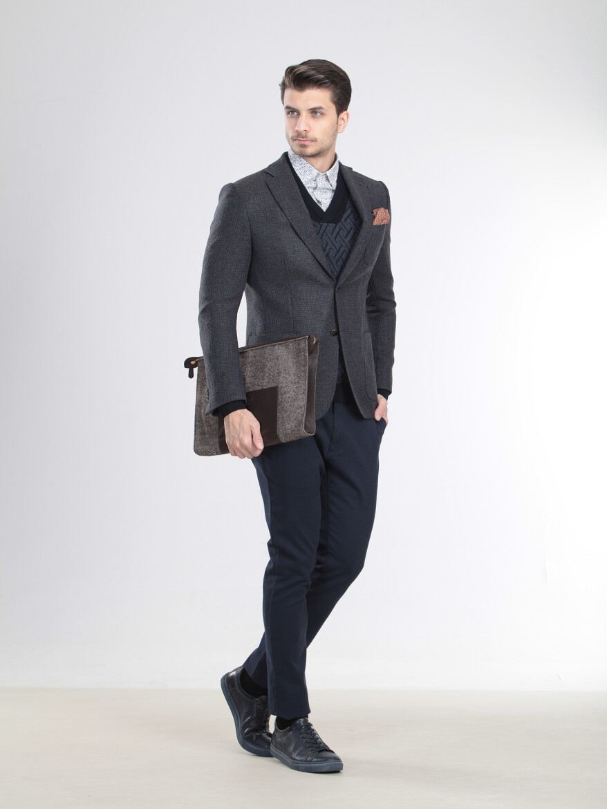 Kahverengi Desenli Modern Fit Ceket - 2