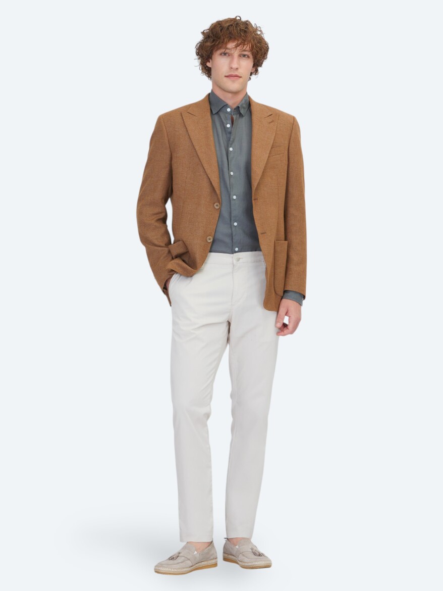 Kahverengi Desenli Modern Fit Keten Karışımlı Ceket - KİP