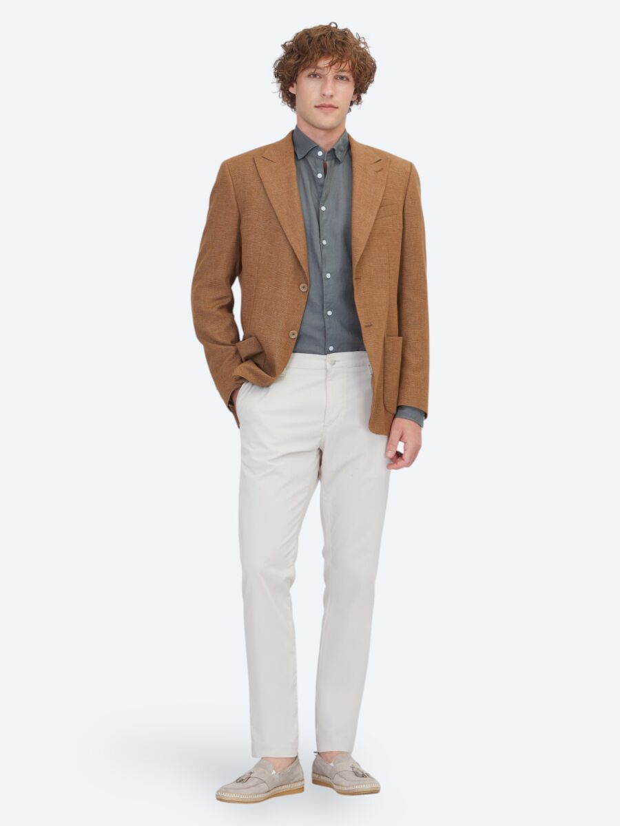 Kahverengi Desenli Modern Fit Keten Karışımlı Ceket - 2