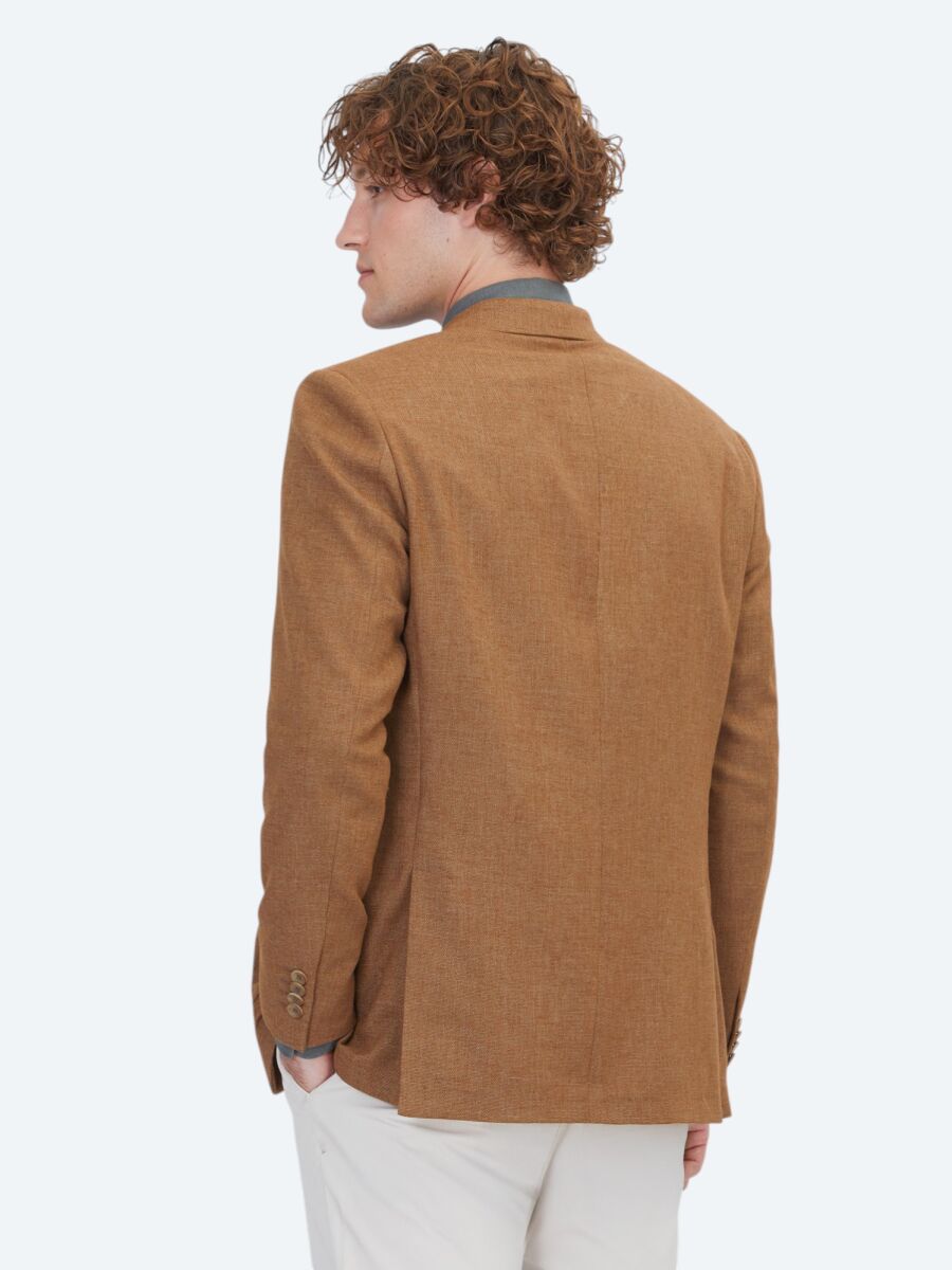 Kahverengi Desenli Modern Fit Keten Karışımlı Ceket - 5
