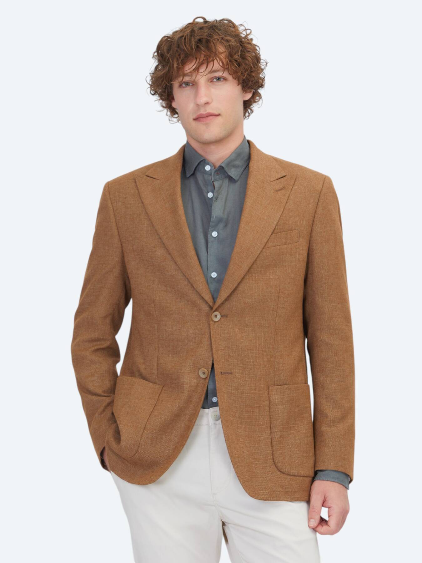 Kahverengi Desenli Modern Fit Keten Karışımlı Ceket