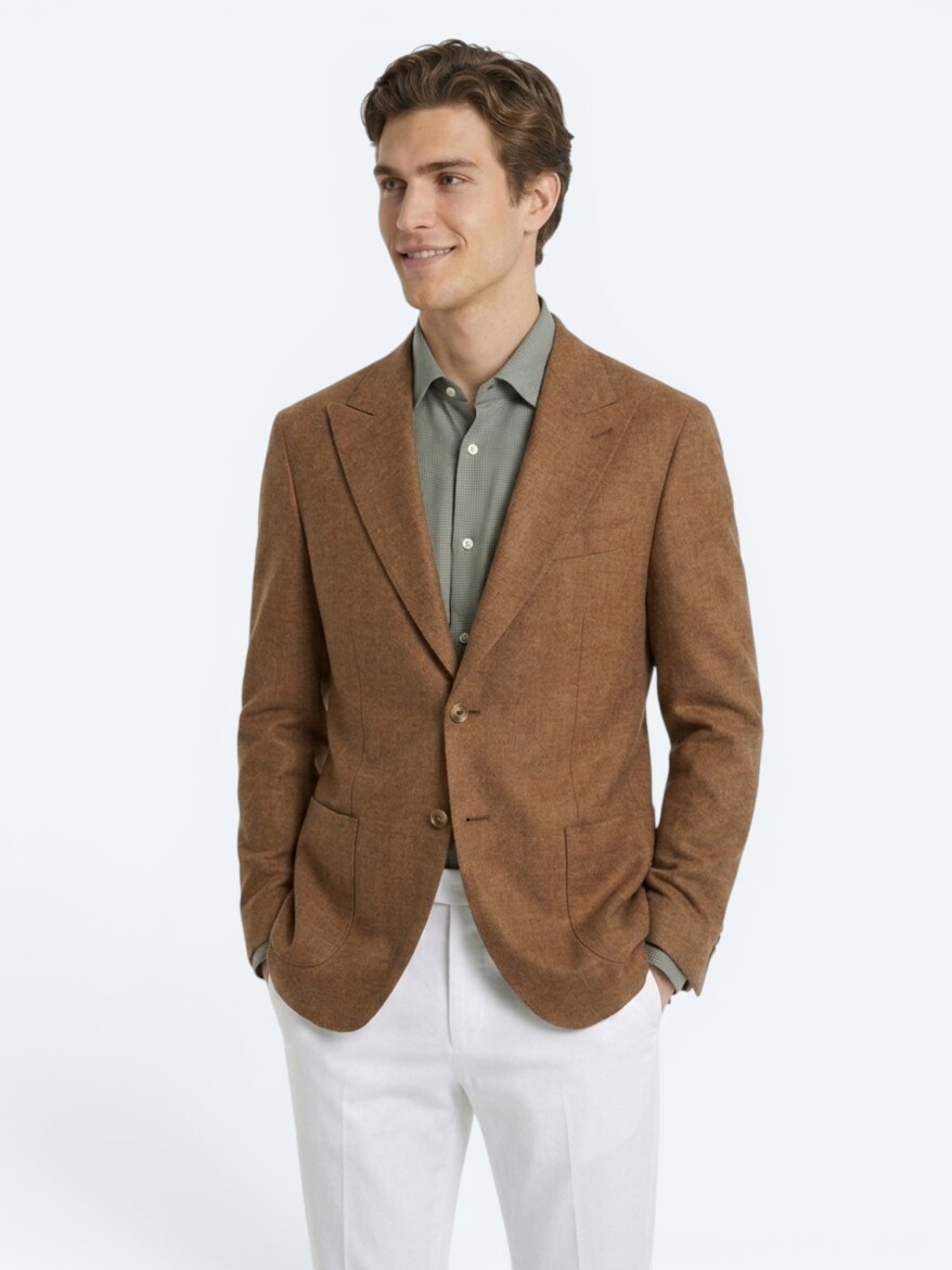 Kahverengi Desenli Modern Fit Keten Karışımlı Ceket - KİP