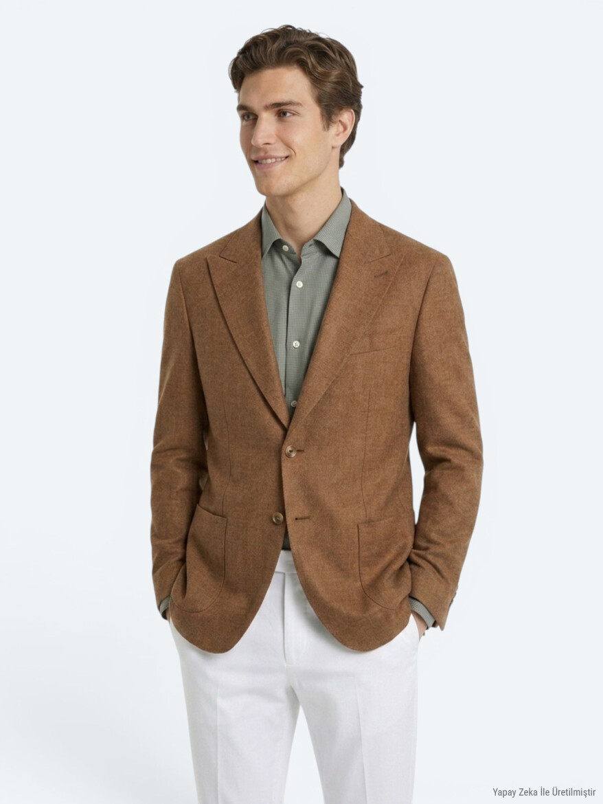 Kahverengi Desenli Modern Fit Keten Karışımlı Ceket - KİP