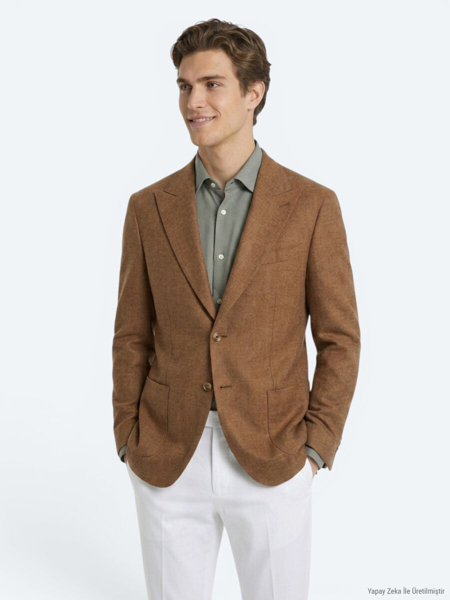 Kahverengi Desenli Modern Fit Keten Karışımlı Ceket - 1
