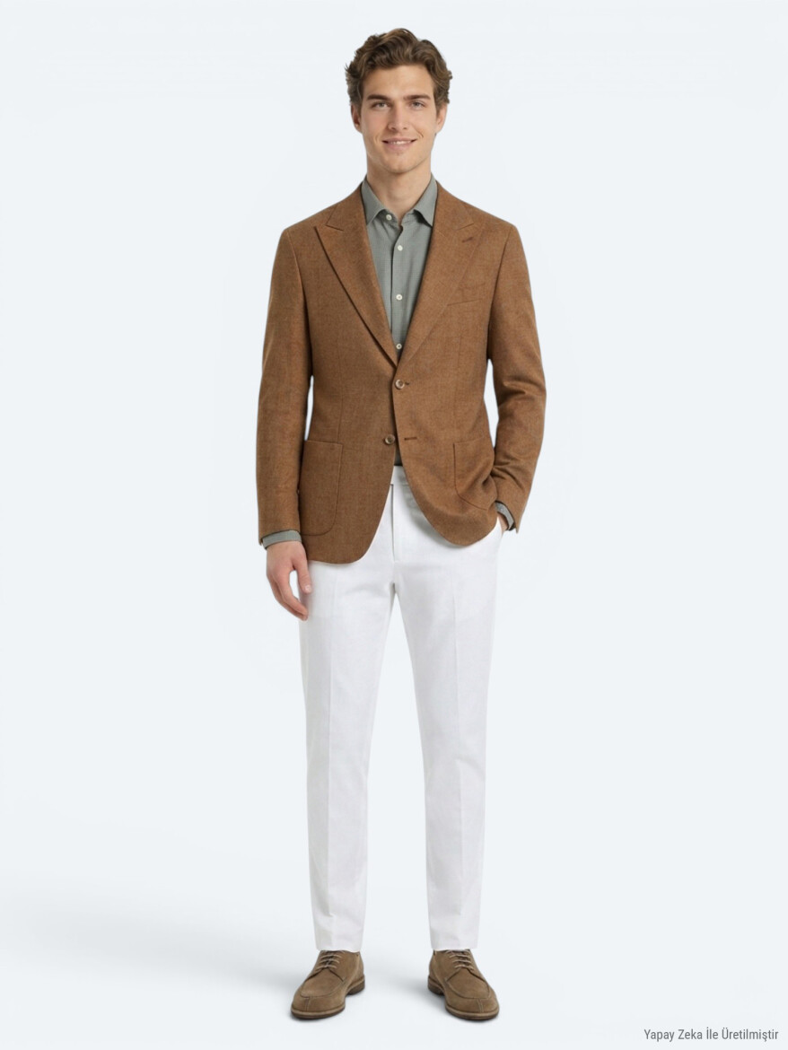 Kahverengi Desenli Modern Fit Keten Karışımlı Ceket - KİP