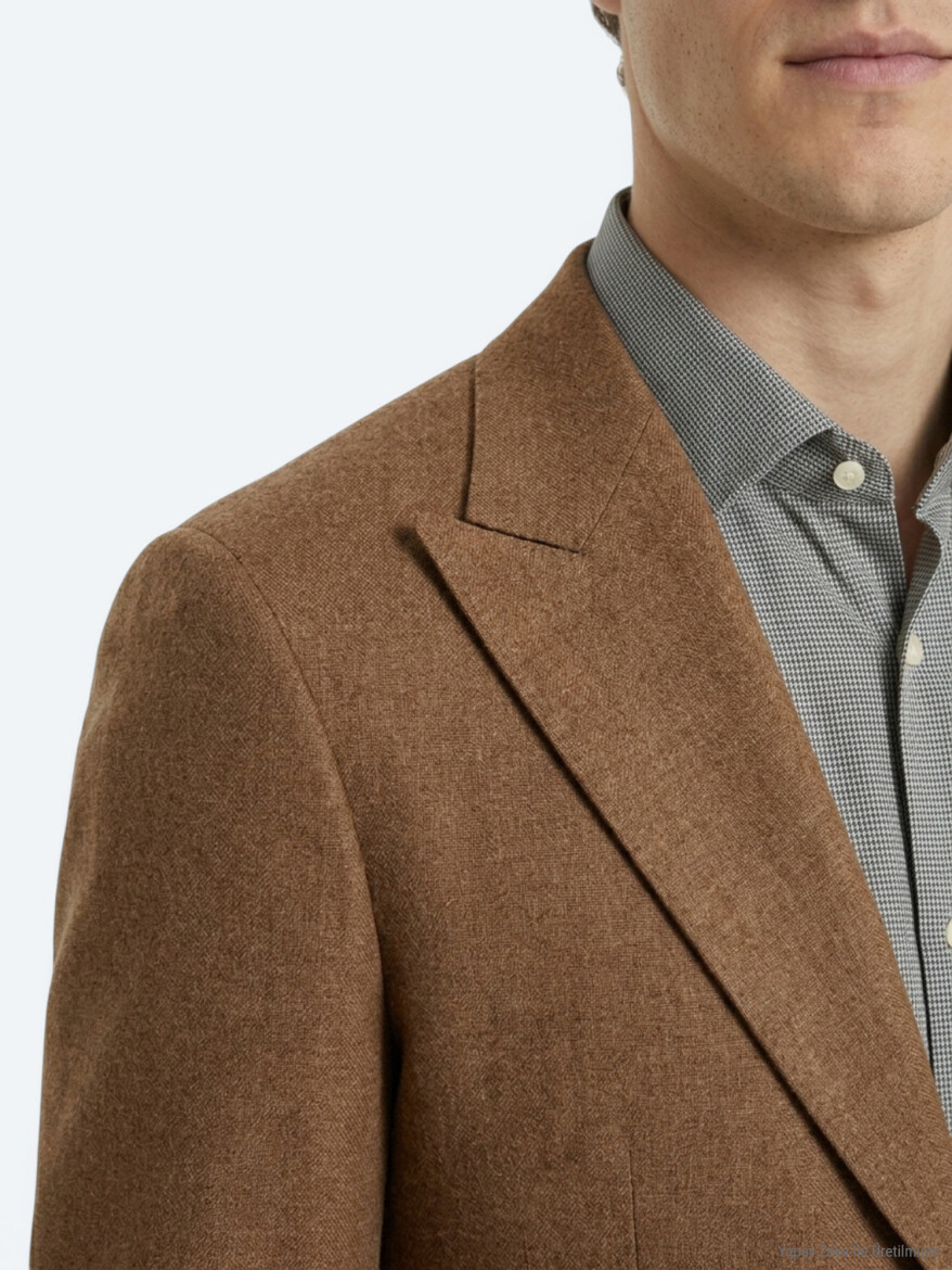 Kahverengi Desenli Modern Fit Keten Karışımlı Ceket - 3