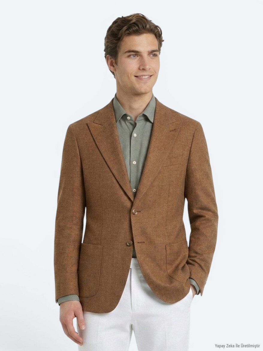 Kahverengi Desenli Modern Fit Keten Karışımlı Ceket - 4
