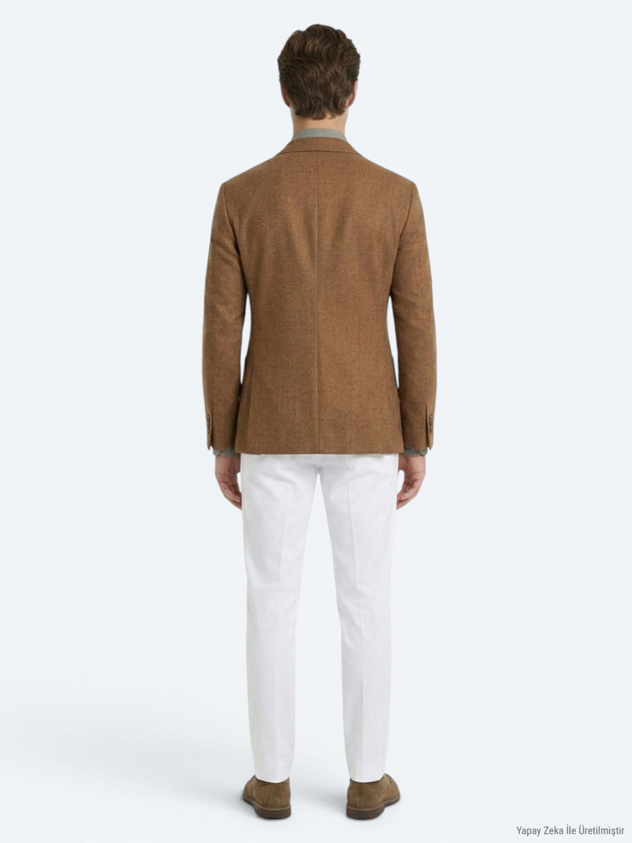 Kahverengi Desenli Modern Fit Keten Karışımlı Ceket - 5
