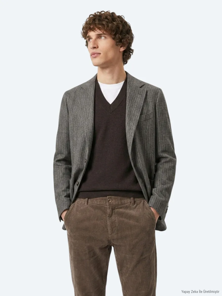 Kahverengi Desenli Modern Fit Yün Karışımlı Ceket - KİP