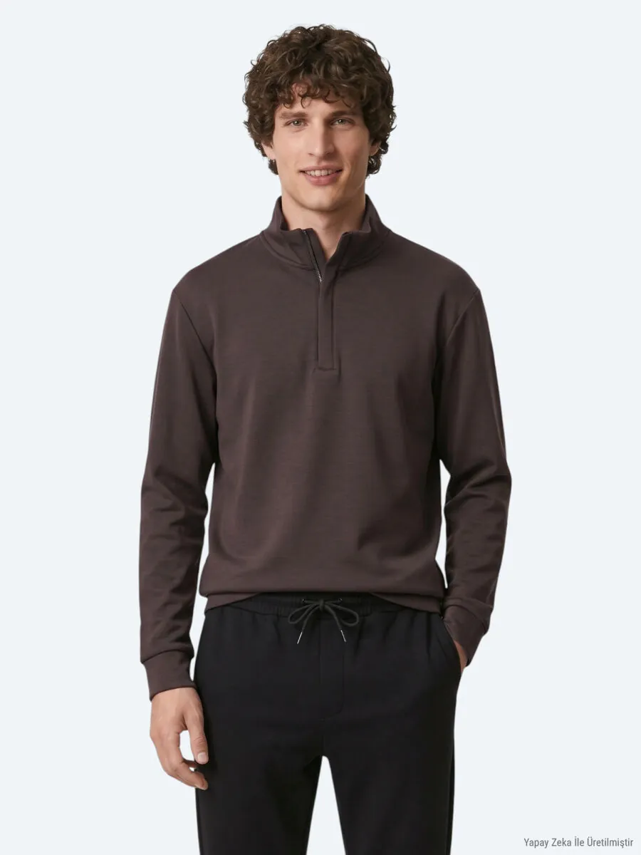 Kahverengi Dik Yaka Düz Sweatshırt - 1