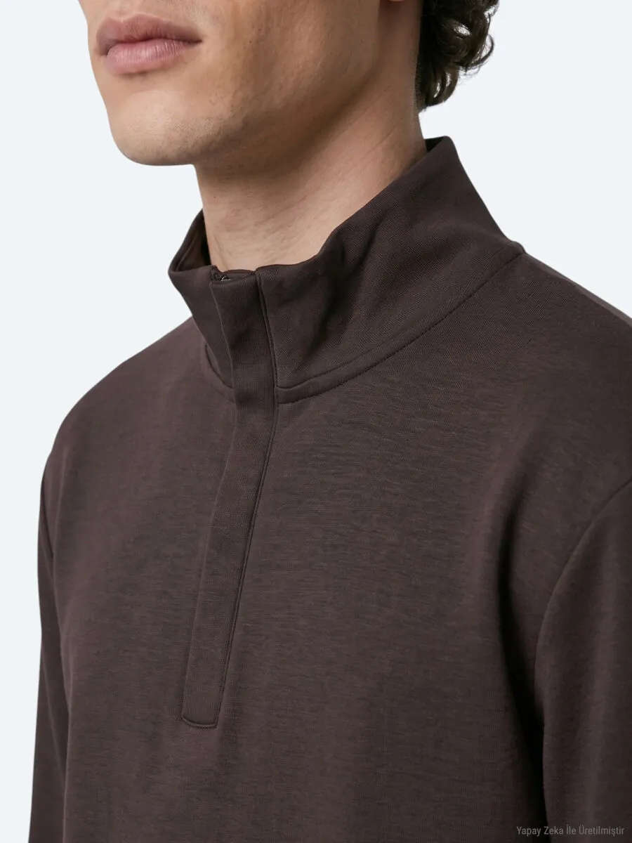 Kahverengi Dik Yaka Düz Sweatshırt - 3