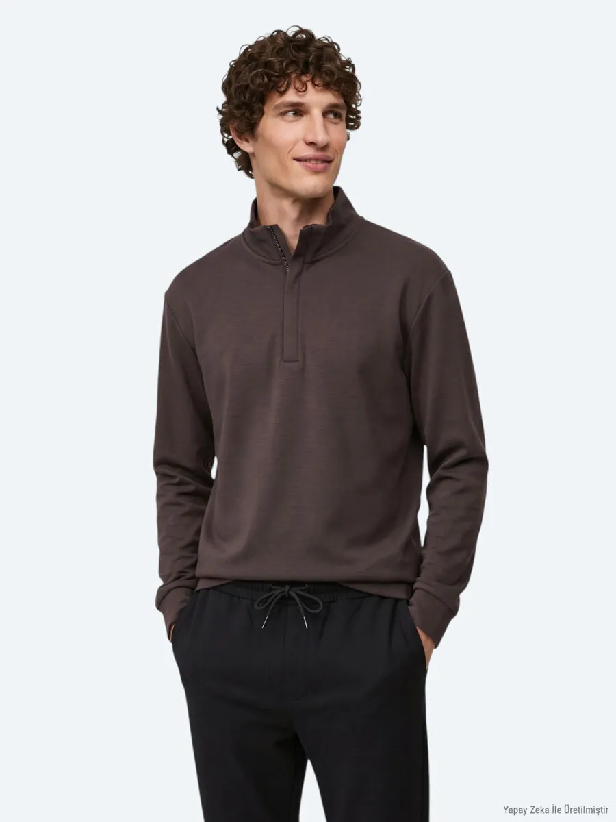Kahverengi Dik Yaka Düz Sweatshırt - 4