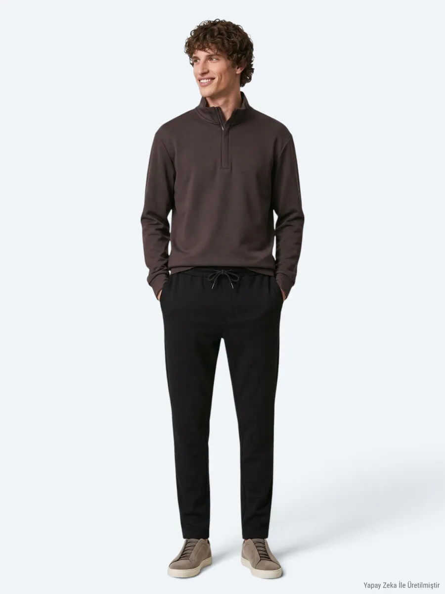 Kahverengi Dik Yaka Düz Sweatshırt - 5