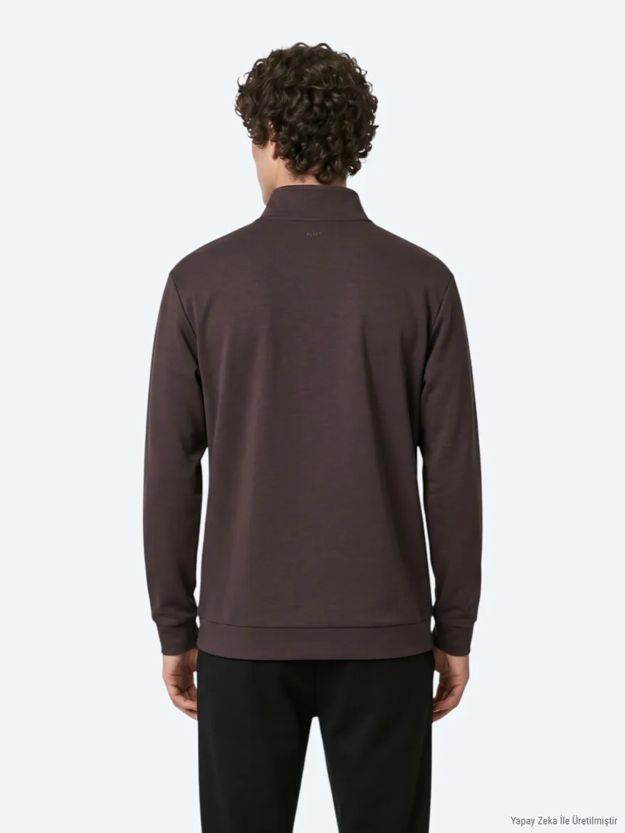 Kahverengi Dik Yaka Düz Sweatshırt - 6