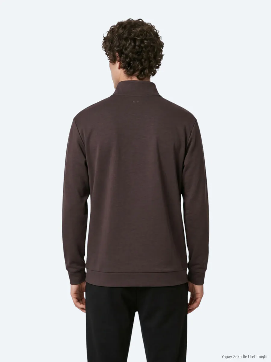 Kahverengi Dik Yaka Düz Sweatshırt - 6