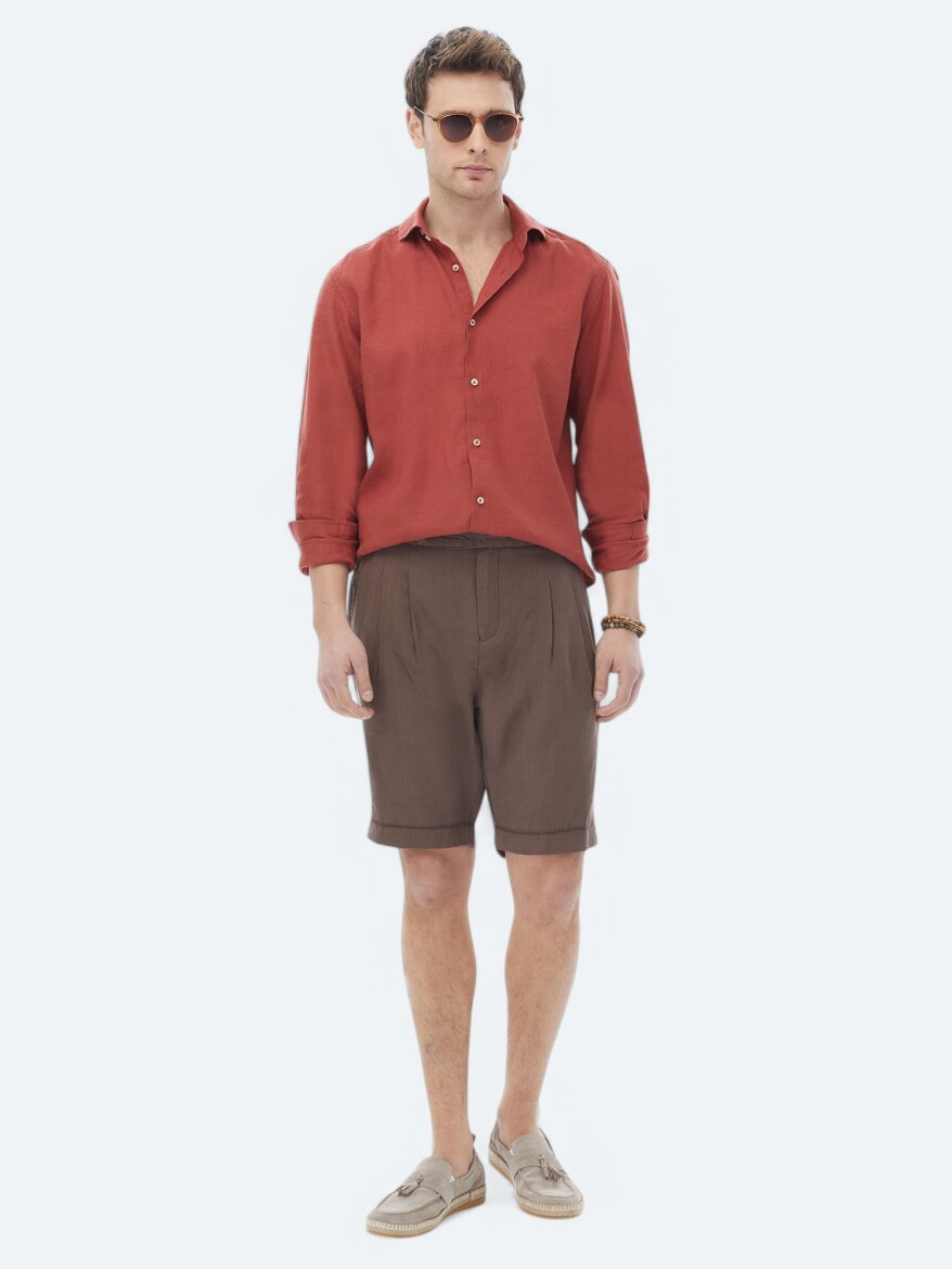 Kahverengi Dokuma Carrot Fit Casual Bermuda 