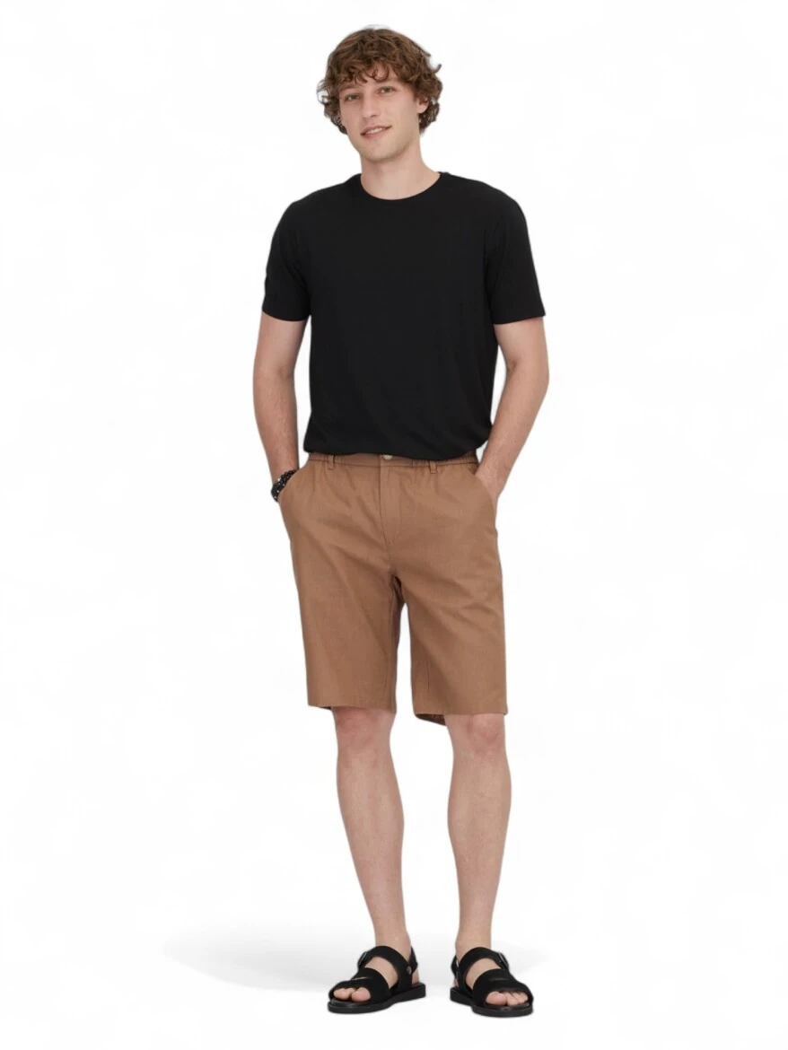 Kahverengi Dokuma Jogging Fit Casual Pamuk Karışımlı Bermuda - 1
