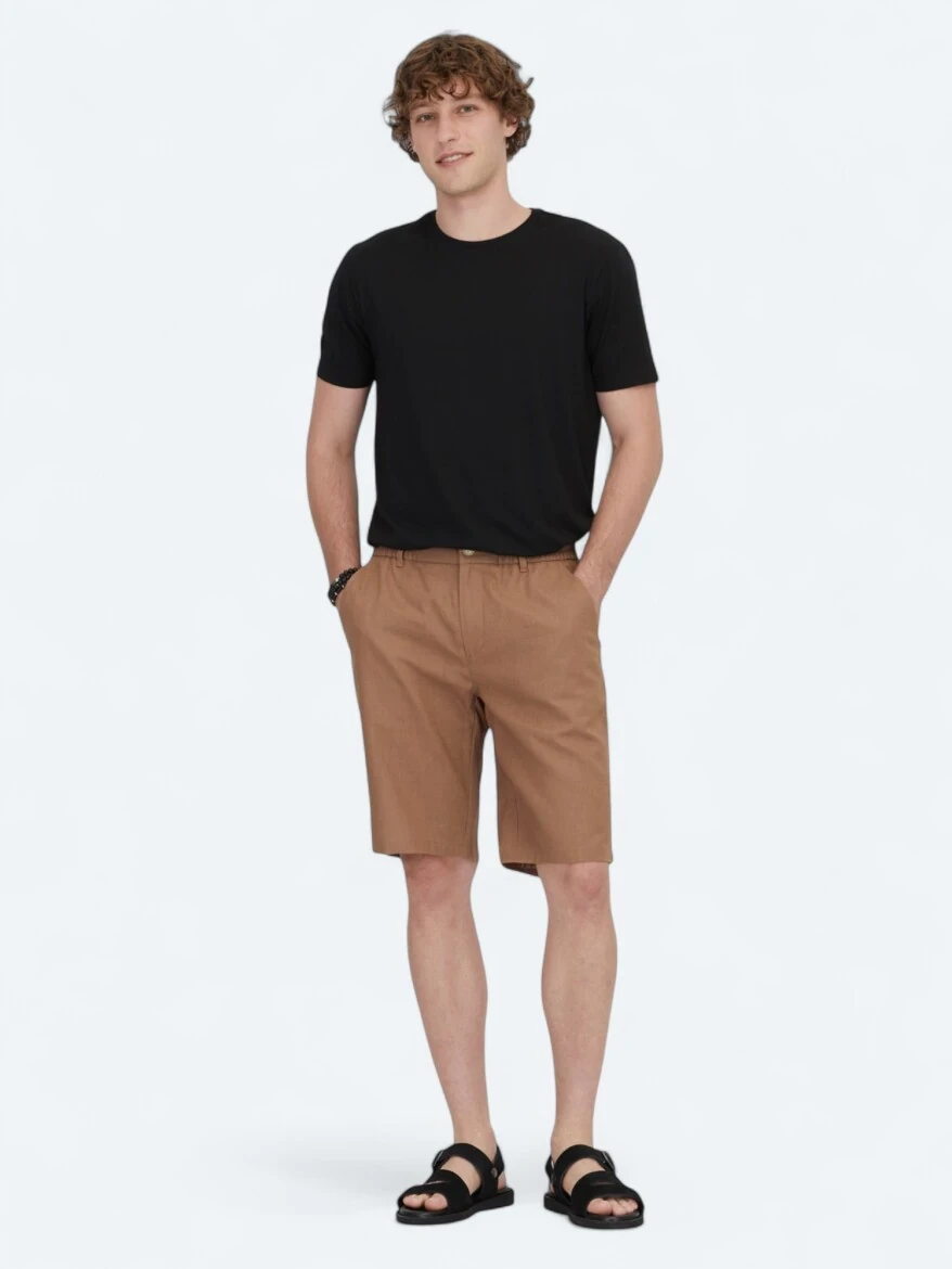 Kahverengi Dokuma Jogging Fit Casual Pamuk Karışımlı Bermuda - 1