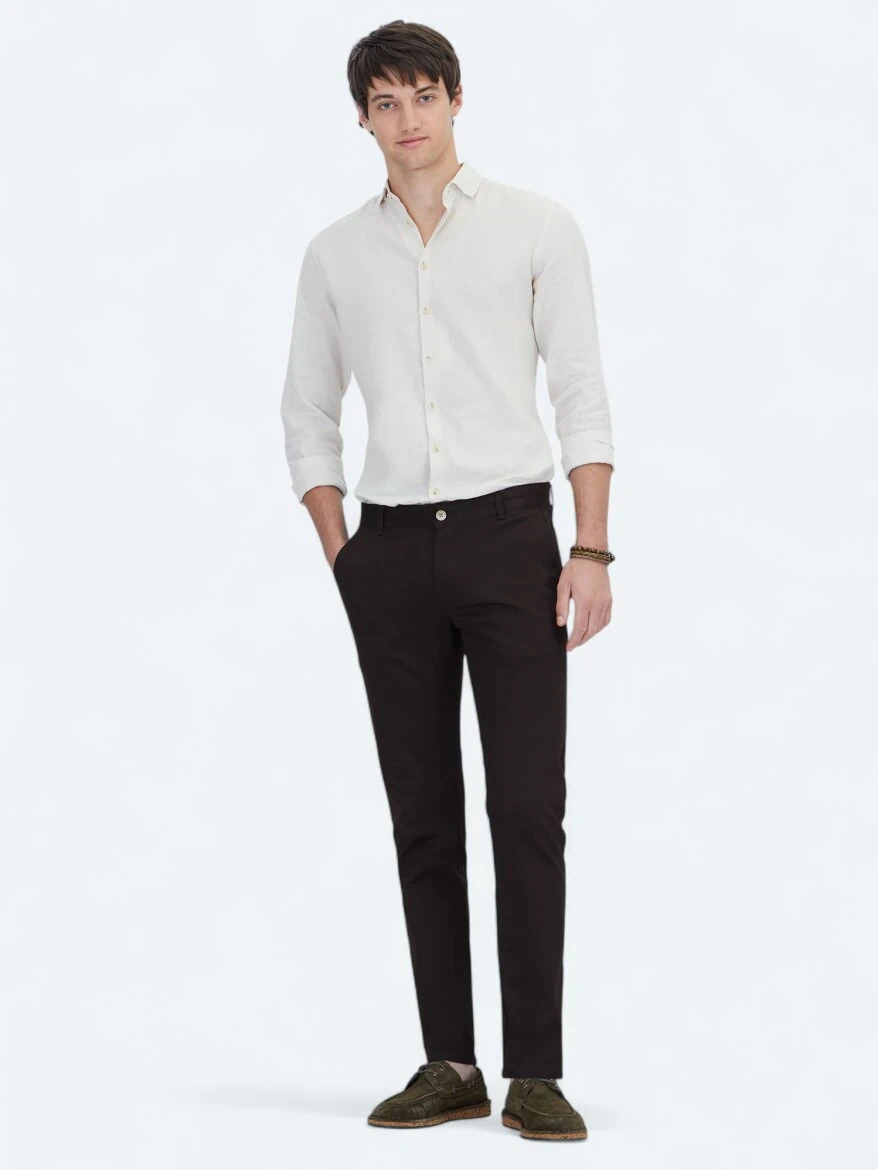 Kahverengi Dokuma Regular Fit Casual Pamuk Karışımlı Pantolon - 1