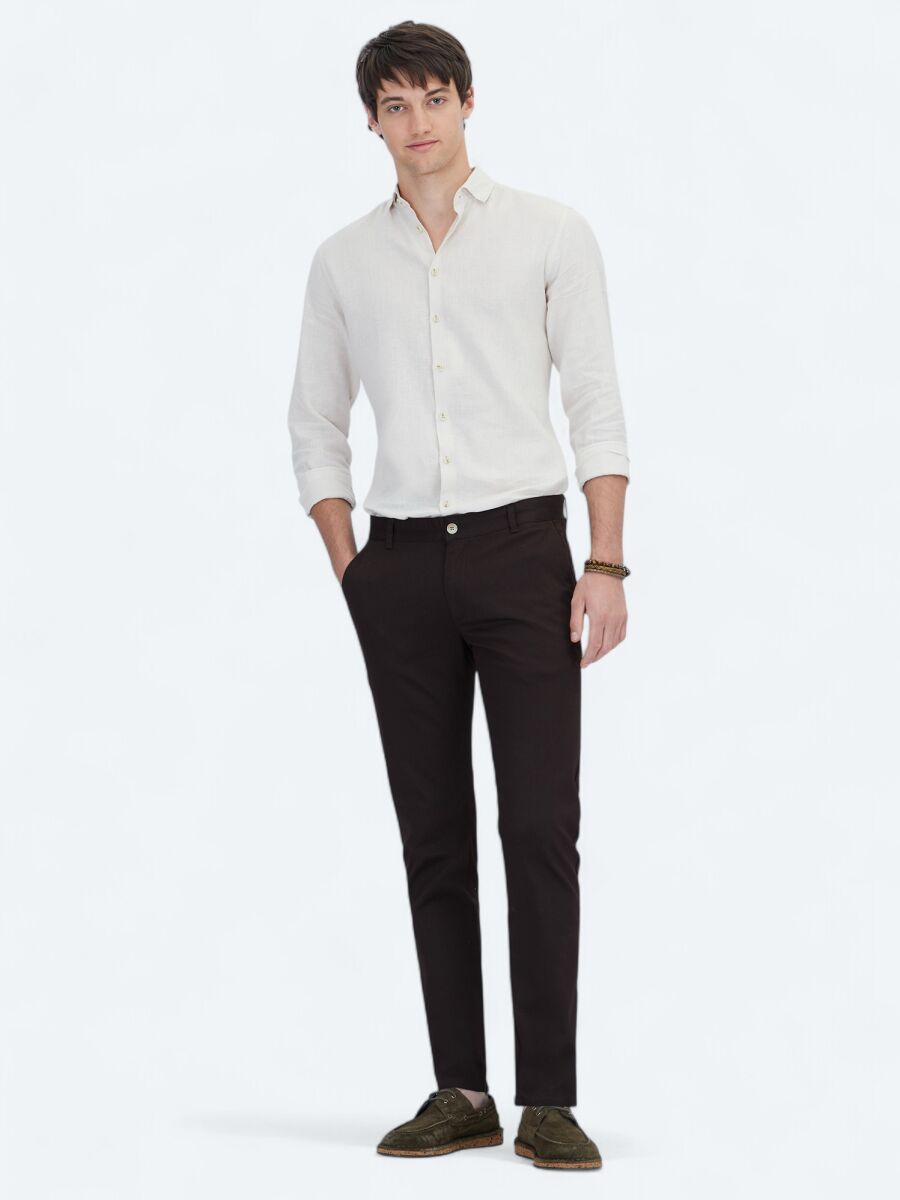 Kahverengi Dokuma Regular Fit Casual Pamuk Karışımlı Pantolon - 1