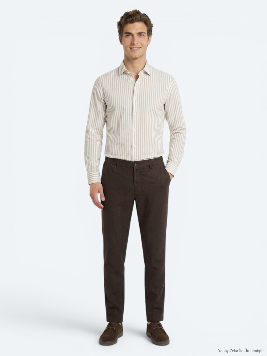 Kahverengi Dokuma Relaxed Fit Casual Pamuk Karışımlı Pantolon 