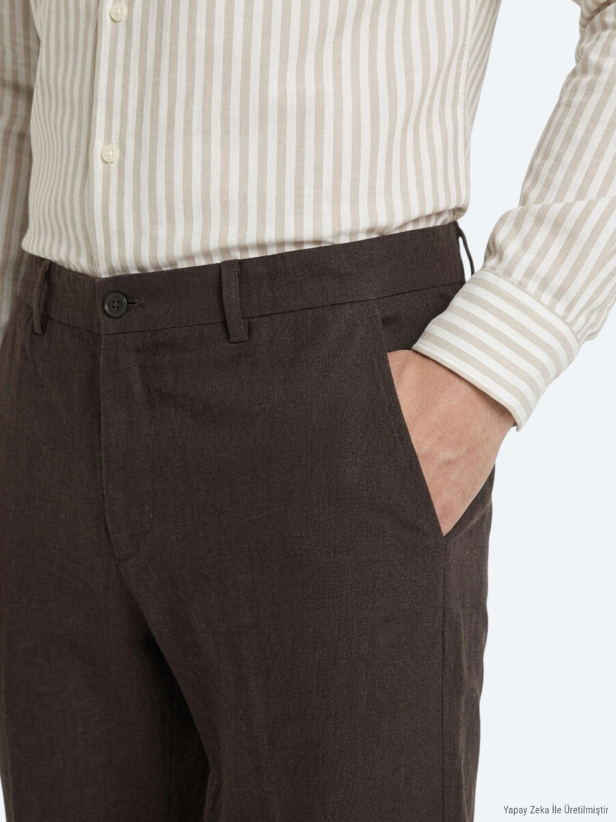 Kahverengi Dokuma Relaxed Fit Casual Pamuk Karışımlı Pantolon - 2