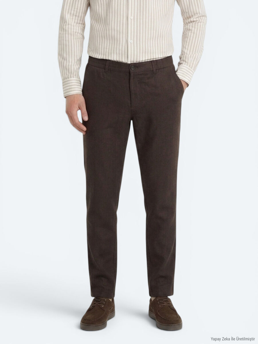 Kahverengi Dokuma Relaxed Fit Casual Pamuk Karışımlı Pantolon - 3